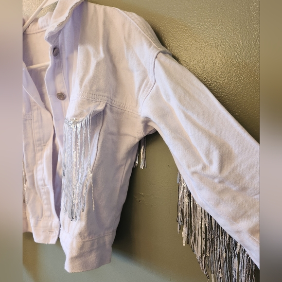 Shein Bae White Denim Crop Jacket Sequin Fringe Trim Disco Silver Retro Western - Picture 3 of 10